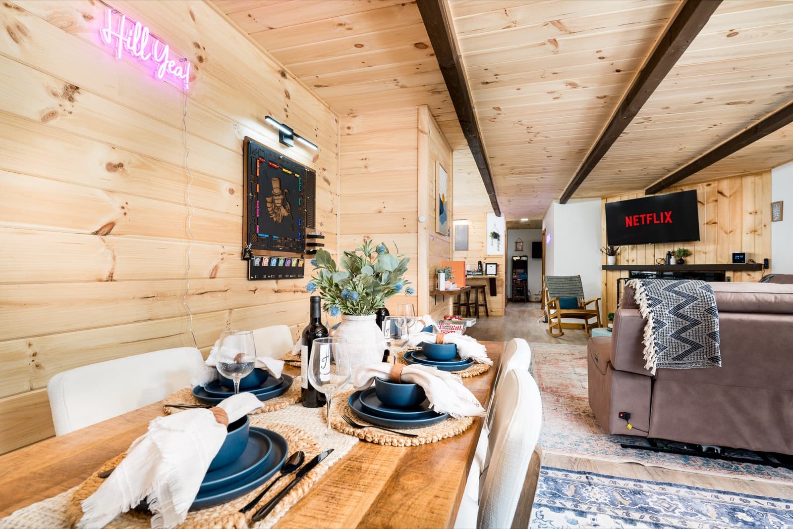 A styled cabin dining table set and staged for a photo shoot